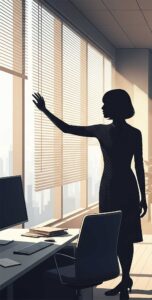 Silhouette of a woman adjusting window blinds in an office.
