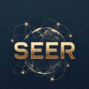A futuristic globe with the word SEER and orbiting light trails.