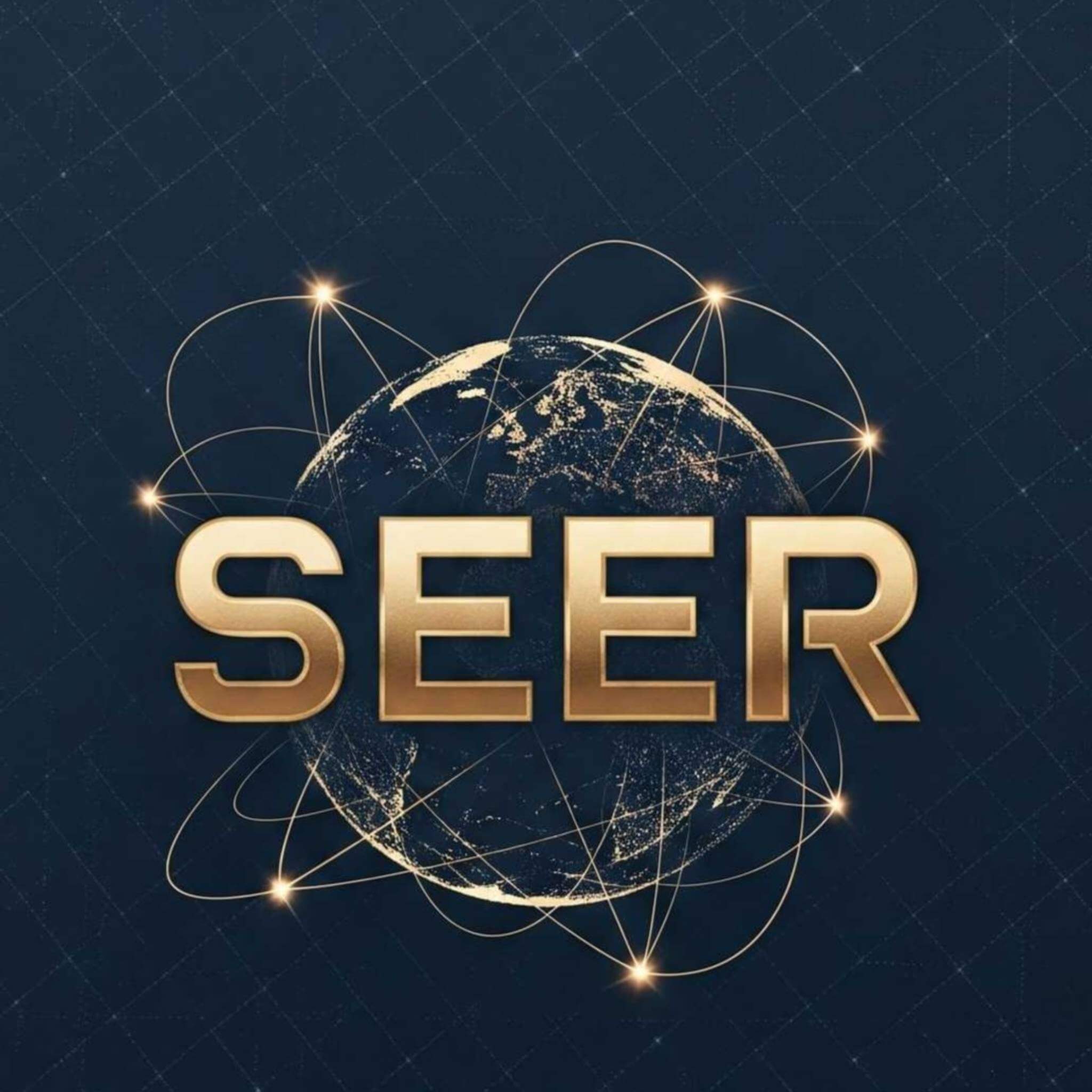 A futuristic globe with the word SEER and orbiting light trails.