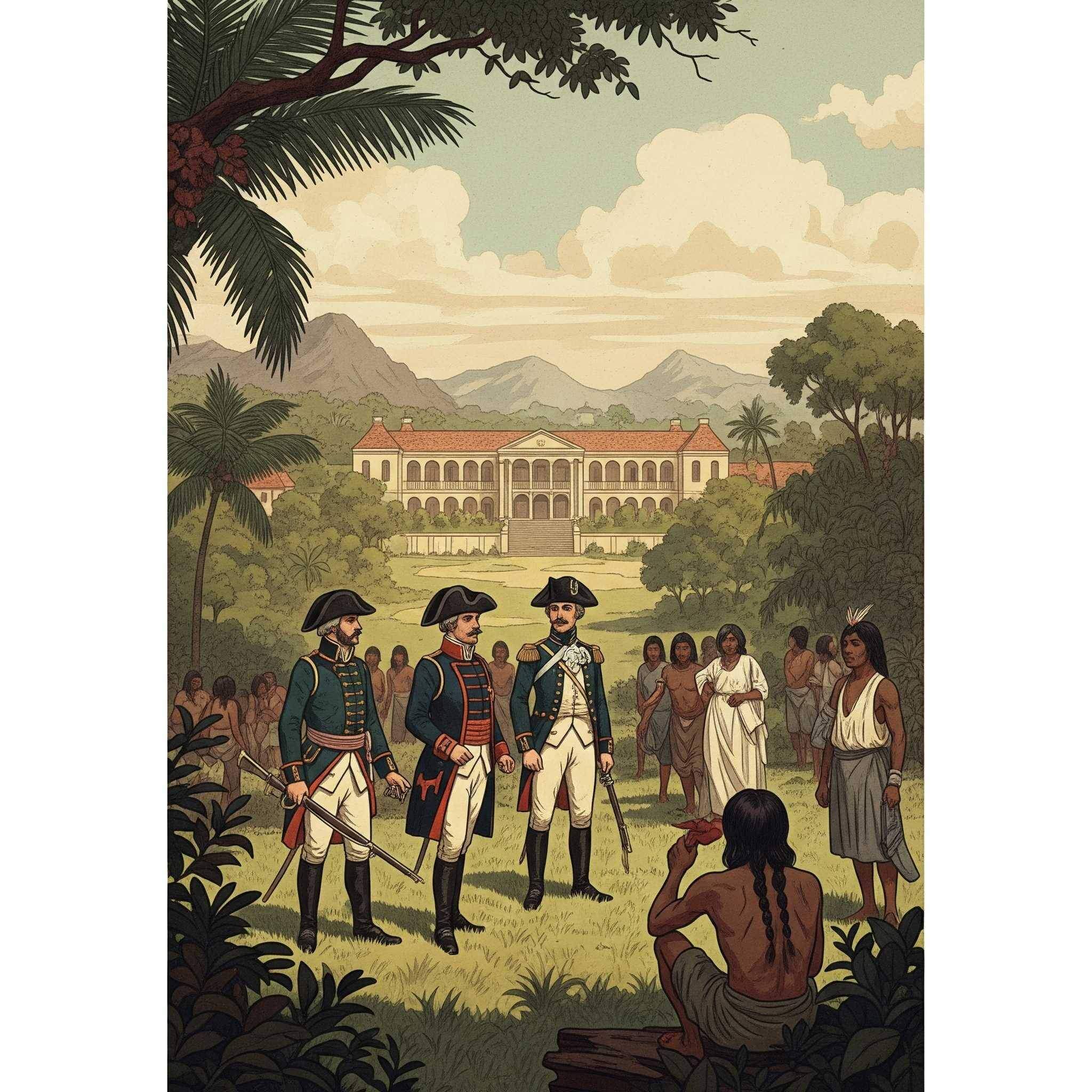 Historical scene of soldiers and indigenous people near a large estate.