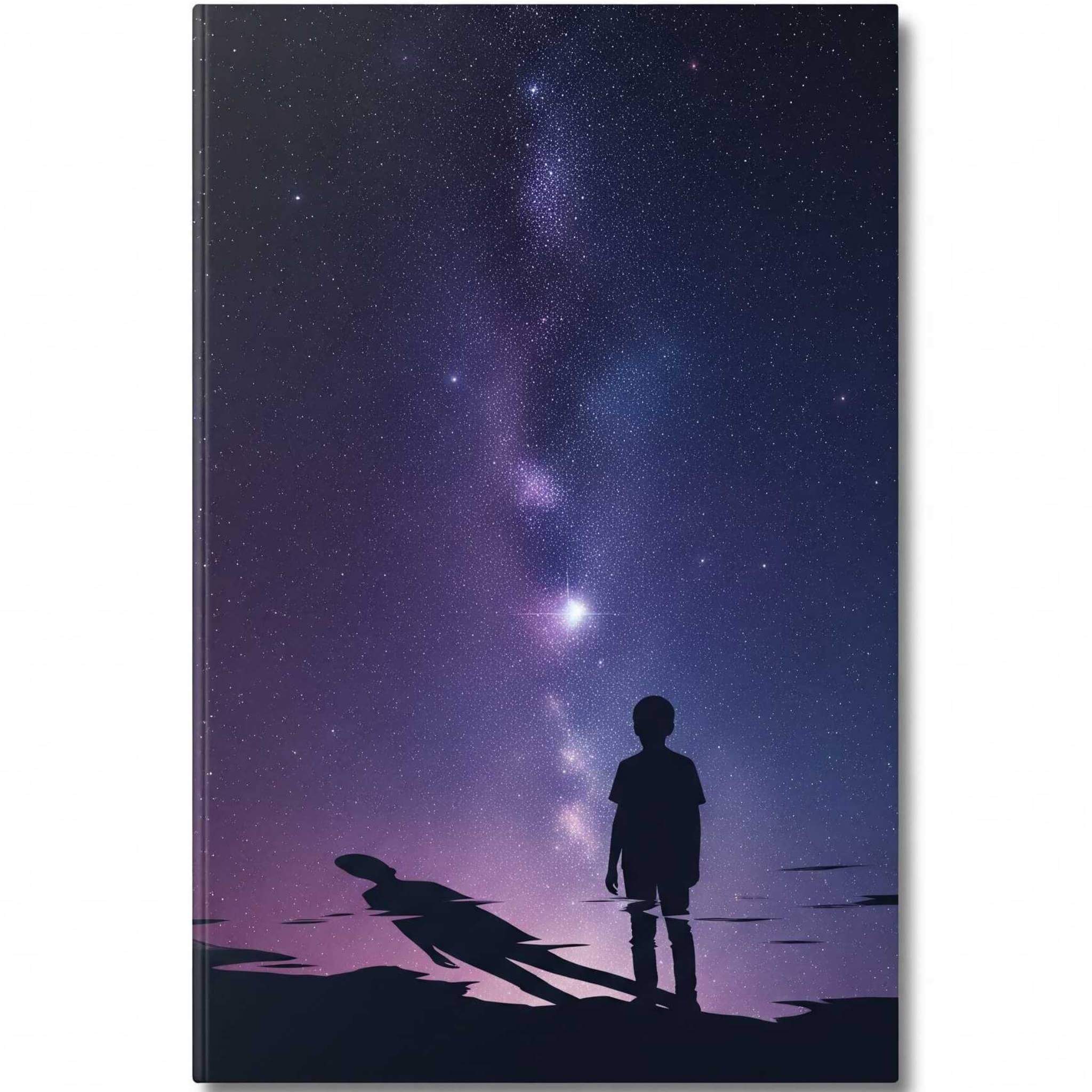 Silhouette of a person and dog under a starry night sky with a glowing galaxy.